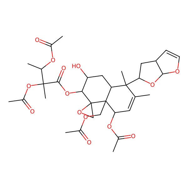 2D Structure of [(1R,2R,3R,4aR,5R,8S,8aR)-5-[(3aS,5S,6aS)-3a,4,5,6a-tetrahydrofuro[2,3-b]furan-5-yl]-8-acetyloxy-8a-(acetyloxymethyl)-3-hydroxy-5,6-dimethylspiro[3,4,4a,8-tetrahydro-2H-naphthalene-1,2'-oxirane]-2-yl] (2R,3S)-2,3-diacetyloxy-2-methylbutanoate