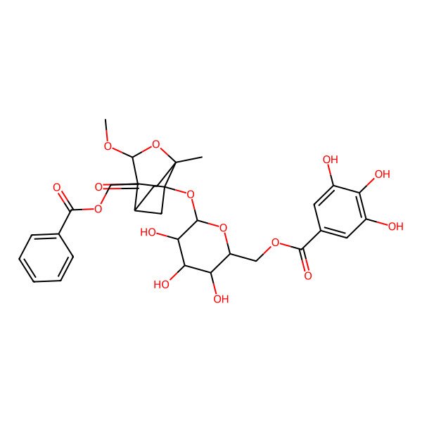 2D Structure of [(2R,3S,4S,5R,6S)-6-[[9-(benzoyloxymethyl)-8-methoxy-6-methyl-4-oxo-7-oxatricyclo[4.3.0.03,9]nonan-1-yl]oxy]-3,4,5-trihydroxyoxan-2-yl]methyl 3,4,5-trihydroxybenzoate