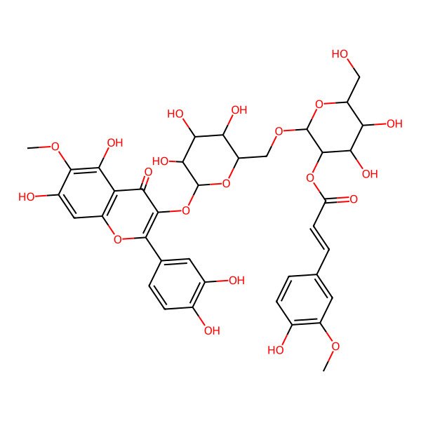 2D Structure of [(2R,3R,4S,5S,6R)-2-[[(2R,3S,4S,5R,6S)-6-[2-(3,4-dihydroxyphenyl)-5,7-dihydroxy-6-methoxy-4-oxochromen-3-yl]oxy-3,4,5-trihydroxyoxan-2-yl]methoxy]-4,5-dihydroxy-6-(hydroxymethyl)oxan-3-yl] (E)-3-(4-hydroxy-3-methoxyphenyl)prop-2-enoate