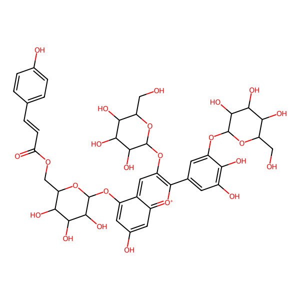 2D Structure of [(2R,3S,4S,5R,6S)-6-[2-[3,4-dihydroxy-5-[(2S,3R,4S,5S,6R)-3,4,5-trihydroxy-6-(hydroxymethyl)oxan-2-yl]oxyphenyl]-7-hydroxy-3-[(2S,3R,4S,5S,6R)-3,4,5-trihydroxy-6-(hydroxymethyl)oxan-2-yl]oxychromenylium-5-yl]oxy-3,4,5-trihydroxyoxan-2-yl]methyl 3-(4-hydroxyphenyl)prop-2-enoate