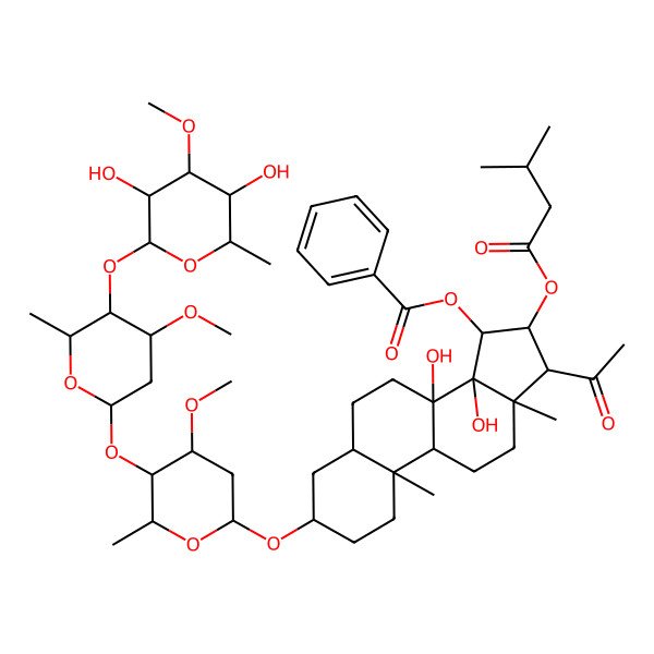 2D Structure of [(3S,8S,10S,13R,14S,15R,16S,17R)-17-acetyl-3-[(2R,4R,5R)-5-[(2S,4R,5R)-5-[(2S,4S,5R)-3,5-dihydroxy-4-methoxy-6-methyloxan-2-yl]oxy-4-methoxy-6-methyloxan-2-yl]oxy-4-methoxy-6-methyloxan-2-yl]oxy-8,14-dihydroxy-10,13-dimethyl-16-(3-methylbutanoyloxy)-2,3,4,5,6,7,9,11,12,15,16,17-dodecahydro-1H-cyclopenta[a]phenanthren-15-yl] benzoate