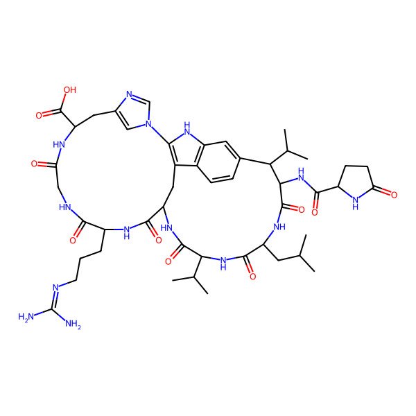 2D Structure of (8S,9S,12S,15S,18S,21S,27S)-21-[3-(diaminomethylideneamino)propyl]-12-(2-methylpropyl)-10,13,16,19,22,25-hexaoxo-9-[[(2S)-5-oxopyrrolidine-2-carbonyl]amino]-8,15-di(propan-2-yl)-2,11,14,17,20,23,26,30,32-nonazapentacyclo[16.14.2.13,7.129,32.04,33]hexatriaconta-1(33),3,5,7(36),29(35),30-hexaene-27-carboxylic acid