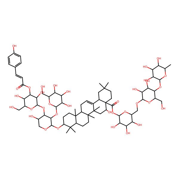 2D Structure of [(2S,3R,4S,5S,6R)-6-[[(2R,3R,4R,5S,6S)-3,4-dihydroxy-6-(hydroxymethyl)-5-[(2S,3S,4R,5R,6S)-3,4,5-trihydroxy-6-methyloxan-2-yl]oxyoxan-2-yl]oxymethyl]-3,4,5-trihydroxyoxan-2-yl] (4aR,5R,6aR,6aS,6bR,8aR,10S,12aR,14bS)-10-[(2S,3S,4R,5S)-4-[(2S,3R,4S,5R,6S)-3,5-dihydroxy-6-(hydroxymethyl)-4-[(Z)-3-(4-hydroxyphenyl)prop-2-enoyl]oxyoxan-2-yl]oxy-5-hydroxy-3-[(2S,3R,4S,5S,6R)-3,4,5-trihydroxy-6-(hydroxymethyl)oxan-2-yl]oxyoxan-2-yl]oxy-5-hydroxy-2,2,6a,6b,9,9,12a-heptamethyl-1,3,4,5,6,6a,7,8,8a,10,11,12,13,14b-tetradecahydropicene-4a-carboxylate
