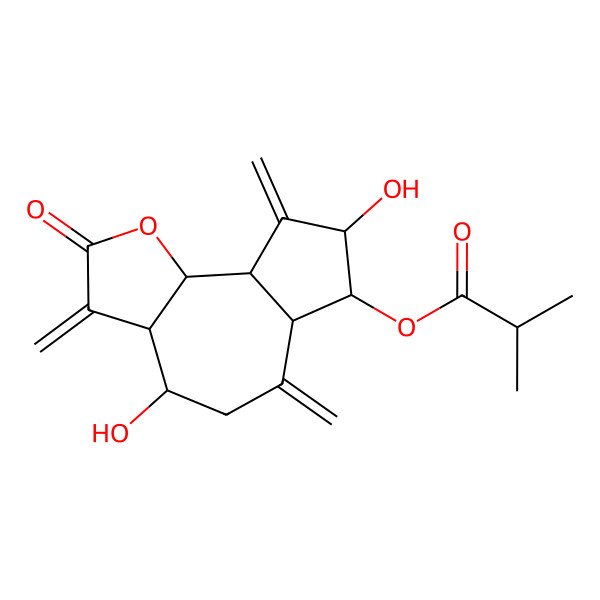 2D Structure of [(3aR,4S,6aR,7R,8R,9aR,9bR)-4,8-dihydroxy-3,6,9-trimethylidene-2-oxo-3a,4,5,6a,7,8,9a,9b-octahydroazuleno[4,5-b]furan-7-yl] 2-methylpropanoate