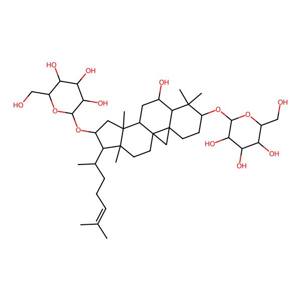 2D Structure of 2-(Hydroxymethyl)-6-[[9-hydroxy-7,7,12,16-tetramethyl-15-(6-methylhept-5-en-2-yl)-14-[3,4,5-trihydroxy-6-(hydroxymethyl)oxan-2-yl]oxy-6-pentacyclo[9.7.0.01,3.03,8.012,16]octadecanyl]oxy]oxane-3,4,5-triol