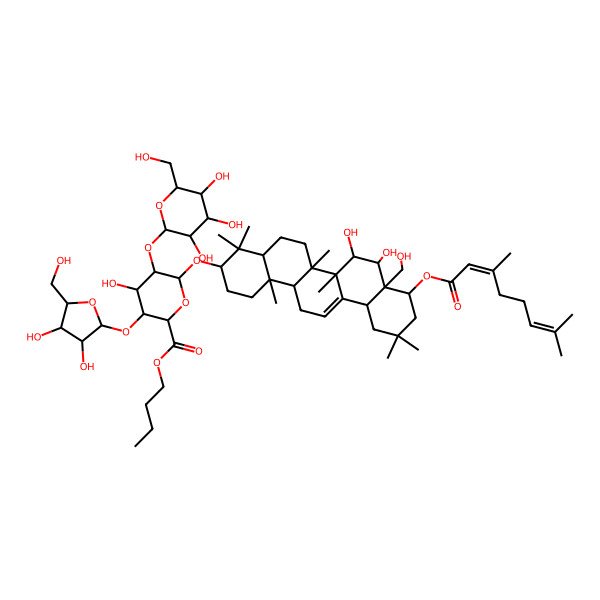2D Structure of butyl (2R,3R,4S,5S,6R)-6-[[(3R,4aR,6aS,6bR,7R,8R,8aS,9R,12aR,14aR,14bR)-9-[(2Z)-3,7-dimethylocta-2,6-dienoyl]oxy-7,8-dihydroxy-8a-(hydroxymethyl)-4,4,6a,6b,11,11,14b-heptamethyl-1,2,3,4a,5,6,7,8,9,10,12,12a,14,14a-tetradecahydropicen-3-yl]oxy]-3-[(2S,3S,4R,5R)-3,4-dihydroxy-5-(hydroxymethyl)oxolan-2-yl]oxy-4-hydroxy-5-[(2R,3R,4S,5R,6R)-3,4,5-trihydroxy-6-(hydroxymethyl)oxan-2-yl]oxyoxane-2-carboxylate