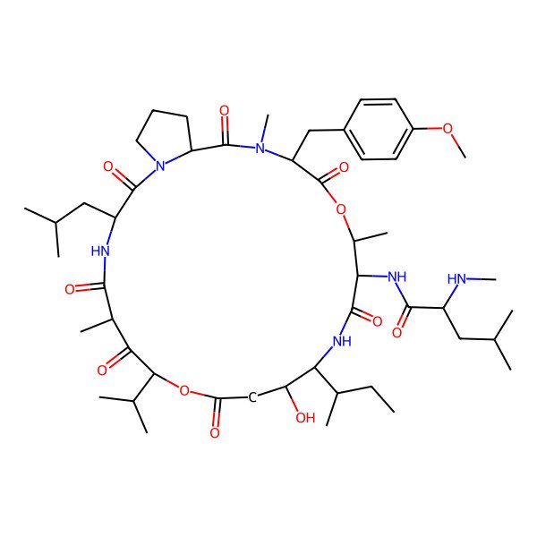 2D Structure of N-[(12R,13S)-13-[(2R)-butan-2-yl]-12-hydroxy-20-[(4-methoxyphenyl)methyl]-6,17,21-trimethyl-3-(2-methylpropyl)-2,5,7,10,15,19,22-heptaoxo-8-propan-2-yl-9,18-dioxa-1,4,14,21-tetrazabicyclo[21.3.0]hexacosan-16-yl]-4-methyl-2-(methylamino)pentanamide