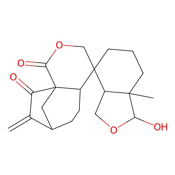 2D Structure of (1R,1'S,3aS,4R,6'R,7aR,9'R)-1-hydroxy-7a-methyl-10'-methylidenespiro[1,3,3a,5,6,7-hexahydro-2-benzofuran-4,5'-3-oxatricyclo[7.2.1.01,6]dodecane]-2',11'-dione
