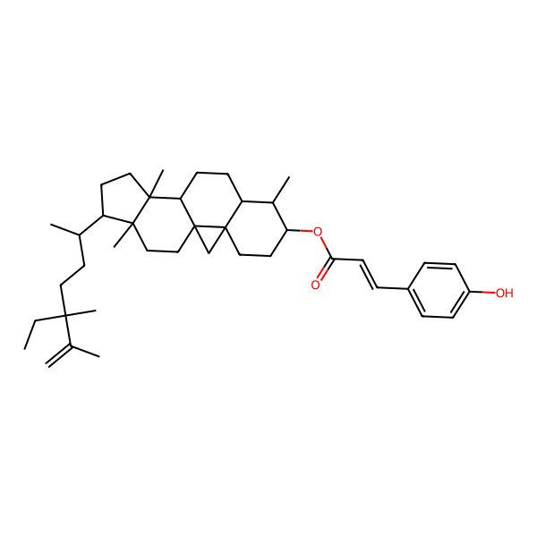 2D Structure of [15-(5-Ethyl-5,6-dimethylhept-6-en-2-yl)-7,12,16-trimethyl-6-pentacyclo[9.7.0.01,3.03,8.012,16]octadecanyl] 3-(4-hydroxyphenyl)prop-2-enoate