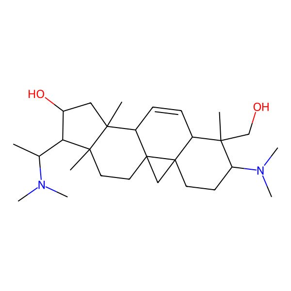 2D Structure of (1S,3R,6S,7S,8R,11S,12S,14R,15S,16R)-6-(dimethylamino)-15-[(1S)-1-(dimethylamino)ethyl]-7-(hydroxymethyl)-7,12,16-trimethylpentacyclo[9.7.0.01,3.03,8.012,16]octadec-9-en-14-ol