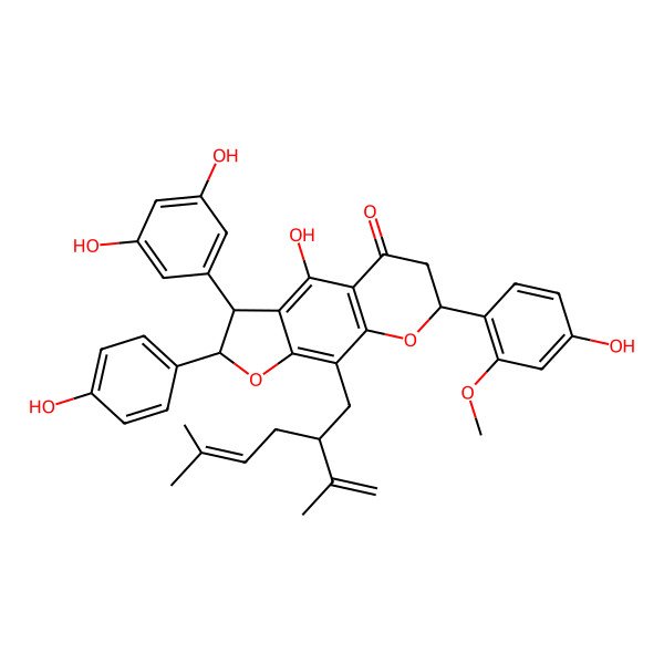 2D Structure of 3-(3,5-Dihydroxyphenyl)-4-hydroxy-7-(4-hydroxy-2-methoxyphenyl)-2-(4-hydroxyphenyl)-9-(5-methyl-2-prop-1-en-2-ylhex-4-enyl)-2,3,6,7-tetrahydrofuro[3,2-g]chromen-5-one