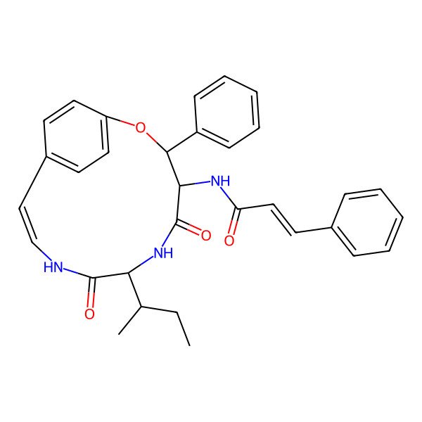 2D Structure of N-(7-butan-2-yl-5,8-dioxo-3-phenyl-2-oxa-6,9-diazabicyclo[10.2.2]hexadeca-1(14),10,12,15-tetraen-4-yl)-3-phenylprop-2-enamide
