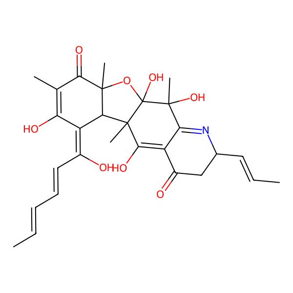 2D Structure of 5,7,10a,11-tetrahydroxy-6-(1-hydroxyhexa-2,4-dienylidene)-5a,8,9a,11-tetramethyl-2-prop-1-enyl-3,5b-dihydro-2H-[1]benzofuro[3,2-g]quinoline-4,9-dione