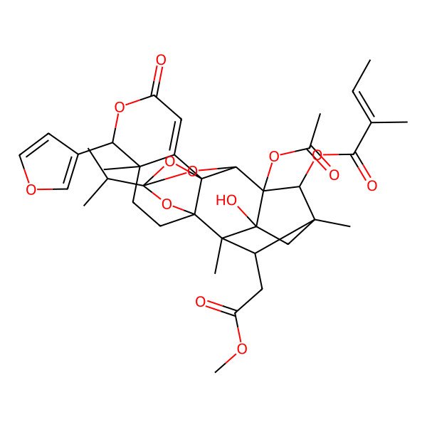 2D Structure of [15-Acetyloxy-5-(furan-3-yl)-16-hydroxy-19-(2-methoxy-2-oxoethyl)-4,18,20-trimethyl-7-oxo-12-propan-2-yl-6,11,13,21-tetraoxaheptacyclo[10.8.1.115,18.01,10.04,9.010,14.016,20]docos-8-en-22-yl] 2-methylbut-2-enoate