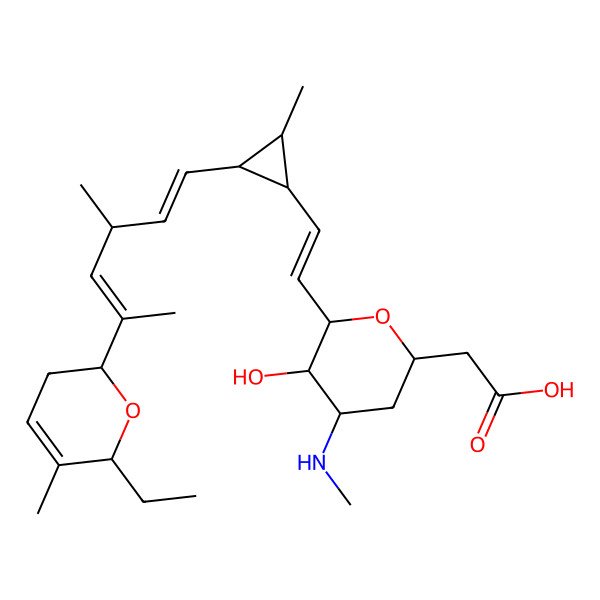 2D Structure of 2-[6-[2-[2-[5-(6-ethyl-5-methyl-3,6-dihydro-2H-pyran-2-yl)-3-methylhexa-1,4-dienyl]-3-methylcyclopropyl]ethenyl]-5-hydroxy-4-(methylamino)oxan-2-yl]acetic acid