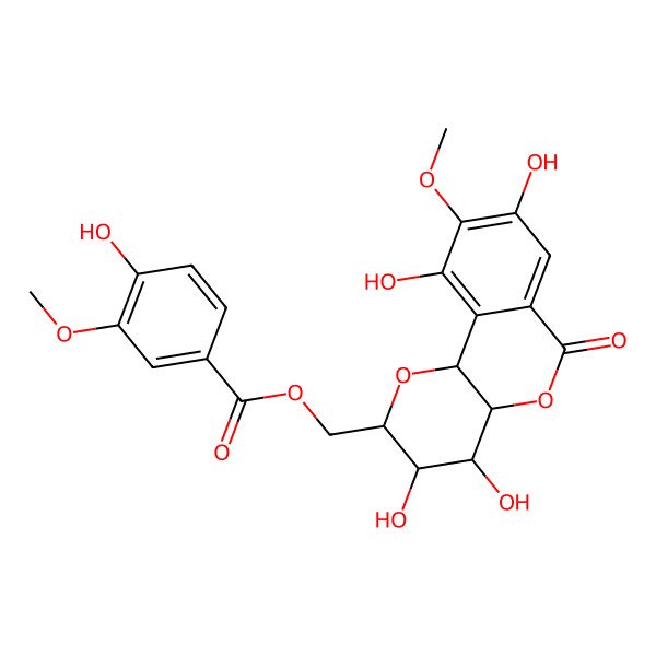 2D Structure of [(2R,3S,4S,4aR,10bS)-3,4,8,10-tetrahydroxy-9-methoxy-6-oxo-3,4,4a,10b-tetrahydro-2H-pyrano[3,2-c]isochromen-2-yl]methyl 4-hydroxy-3-methoxybenzoate