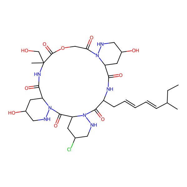 2D Structure of 5-Chloro-15,28-dihydroxy-23-(hydroxymethyl)-23-methyl-10-(6-methylocta-2,4-dienyl)-21-oxa-1,7,8,11,17,18,24,30-octazatetracyclo[24.4.0.03,8.013,18]triacontane-2,9,12,19,22,25-hexone