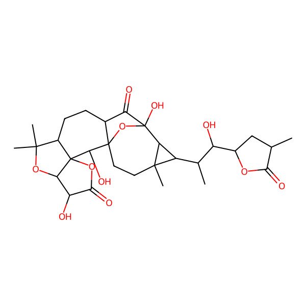 2D Structure of 2,6,15-Trihydroxy-17-[1-hydroxy-1-(4-methyl-5-oxooxolan-2-yl)propan-2-yl]-9,9,18-trimethyl-4,8,21-trioxahexacyclo[13.5.1.01,13.03,7.03,10.016,18]henicosane-5,14-dione