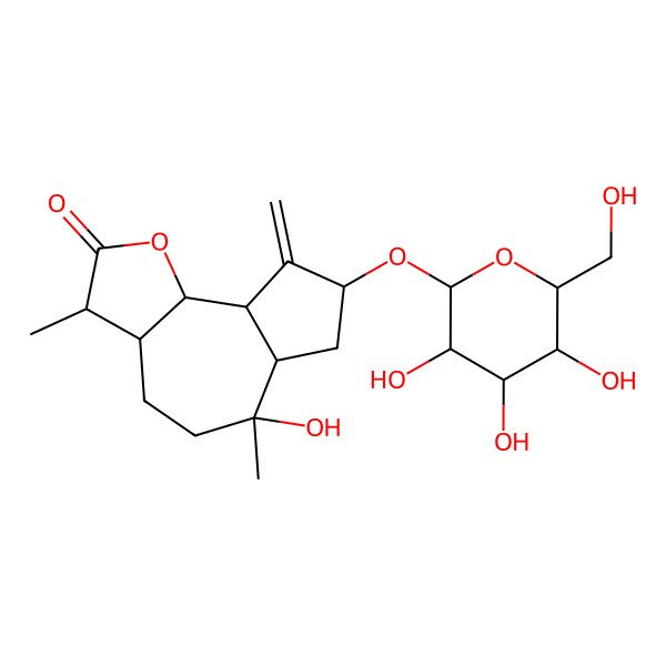 2D Structure of 6-hydroxy-3,6-dimethyl-9-methylidene-8-[3,4,5-trihydroxy-6-(hydroxymethyl)oxan-2-yl]oxy-3a,4,5,6a,7,8,9a,9b-octahydro-3H-azuleno[4,5-b]furan-2-one