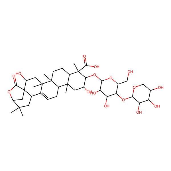 2D Structure of (1R,2R,4R,5S,8R,9S,10S,11S,13R,14R,18S,21S)-10-[(2S,3S,4S,5R,6S)-3,4-dihydroxy-6-(hydroxymethyl)-5-[(2R,3S,4R,5S)-3,4,5-trihydroxyoxan-2-yl]oxyoxan-2-yl]oxy-2,11-dihydroxy-4,5,9,13,20,20-hexamethyl-23-oxo-22-oxahexacyclo[19.2.1.01,18.04,17.05,14.08,13]tetracos-16-ene-9-carboxylic acid