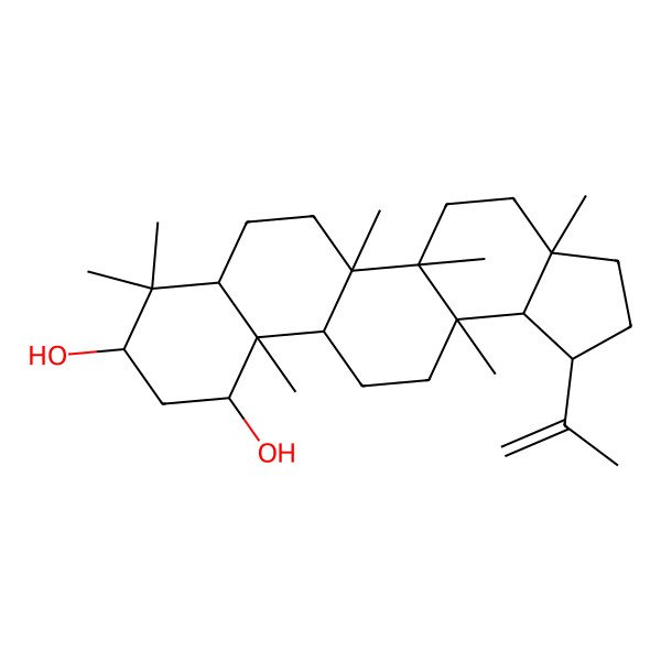 2D Structure of (1R,3aR,5aS,5bR,7aS,9S,11R,11aR,11bS,13aR,13bS)-3a,5a,5b,8,8,11a,13a-heptamethyl-1-prop-1-en-2-yl-2,3,4,5,6,7,7a,9,10,11,11b,12,13,13b-tetradecahydro-1H-cyclopenta[a]chrysene-9,11-diol