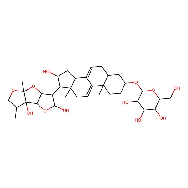 2D Structure of (2R,3R,4S,5S,6R)-2-[[(3S,5S,10S,13S,14R,16R)-17-(1,4-dihydroxy-8,11-dimethyl-3,7,9-trioxatricyclo[6.3.0.02,6]undecan-5-yl)-16-hydroxy-10,13-dimethyl-2,3,4,5,6,12,14,15,16,17-decahydro-1H-cyclopenta[a]phenanthren-3-yl]oxy]-6-(hydroxymethyl)oxane-3,4,5-triol