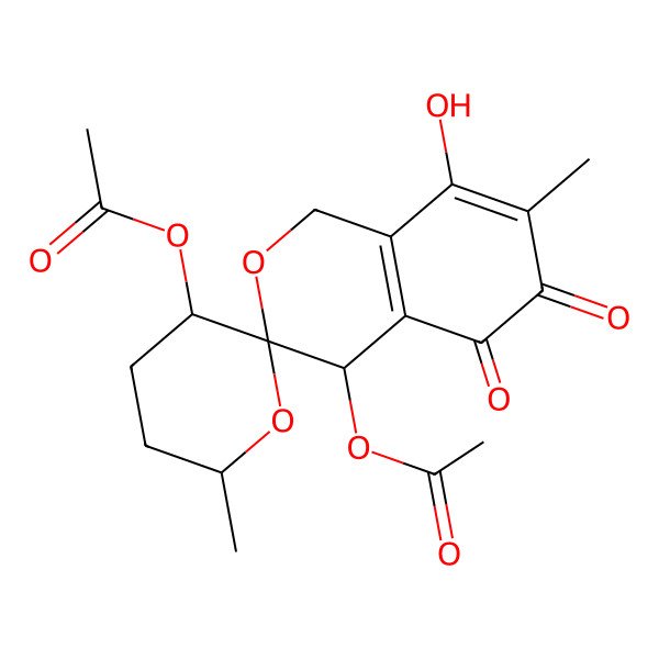 2D Structure of (4-Acetyloxy-8-hydroxy-6',7-dimethyl-5,6-dioxospiro[1,4-dihydroisochromene-3,2'-oxane]-3'-yl) acetate