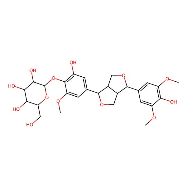 2D Structure of (2S,3R,4S,5S,6R)-2-[4-[(3S,3aR,6S,6aR)-6-(4-hydroxy-3,5-dimethoxyphenyl)-1,3,3a,4,6,6a-hexahydrofuro[3,4-c]furan-3-yl]-2-hydroxy-6-methoxyphenoxy]-6-(hydroxymethyl)oxane-3,4,5-triol