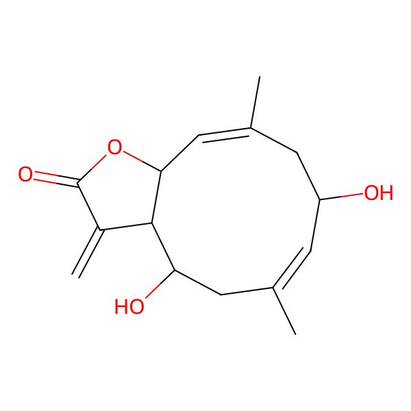 2D Structure of (3aS,4S,6Z,8S,10E,11aR)-4,8-dihydroxy-6,10-dimethyl-3-methylidene-3a,4,5,8,9,11a-hexahydrocyclodeca[b]furan-2-one