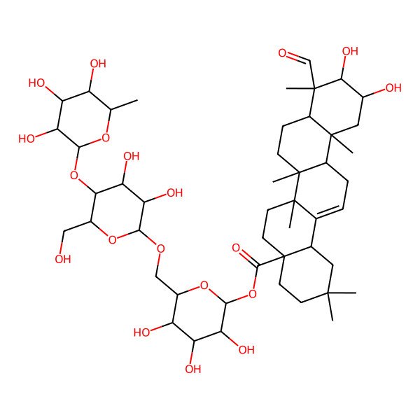 2D Structure of [6-[[3,4-Dihydroxy-6-(hydroxymethyl)-5-(3,4,5-trihydroxy-6-methyloxan-2-yl)oxyoxan-2-yl]oxymethyl]-3,4,5-trihydroxyoxan-2-yl] 9-formyl-10,11-dihydroxy-2,2,6a,6b,9,12a-hexamethyl-1,3,4,5,6,6a,7,8,8a,10,11,12,13,14b-tetradecahydropicene-4a-carboxylate