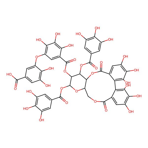2D Structure of 3-[5-[[(10R,11S,12R,13S,15R)-3,4,5,21,22,23-hexahydroxy-8,18-dioxo-11,13-bis[(3,4,5-trihydroxybenzoyl)oxy]-9,14,17-trioxatetracyclo[17.4.0.02,7.010,15]tricosa-1(23),2,4,6,19,21-hexaen-12-yl]oxycarbonyl]-2,3,4-trihydroxyphenoxy]-4,5-dihydroxybenzoic acid