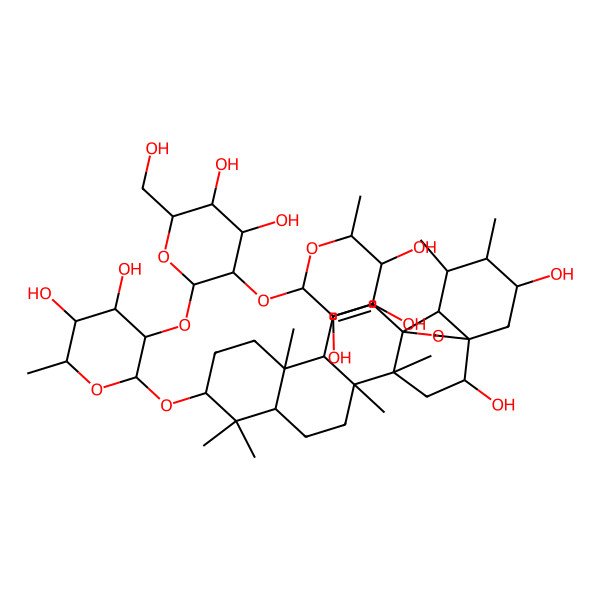 2D Structure of (2S,3R,4S,5S,6S)-2-[(2S,3R,4S,5S,6R)-2-[(2R,3R,4S,5R,6R)-2-[[(1S,2R,4S,5R,8R,10S,13S,14R,18R,19S,20S,21S)-2,21-dihydroxy-4,5,9,9,13,19,20-heptamethyl-24-oxahexacyclo[15.5.2.01,18.04,17.05,14.08,13]tetracos-15-en-10-yl]oxy]-4,5-dihydroxy-6-methyloxan-3-yl]oxy-4,5-dihydroxy-6-(hydroxymethyl)oxan-3-yl]oxy-6-methyloxane-3,4,5-triol