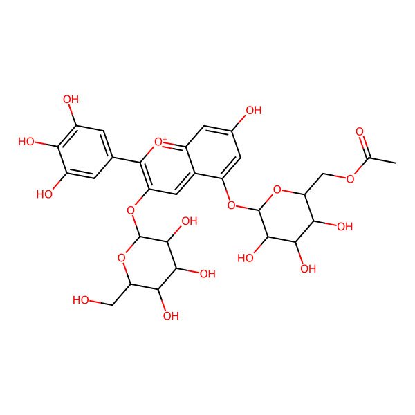 2D Structure of [(2S,3S,4S,5R,6S)-3,4,5-trihydroxy-6-[7-hydroxy-3-[(2S,3R,4S,5S,6S)-3,4,5-trihydroxy-6-(hydroxymethyl)oxan-2-yl]oxy-2-(3,4,5-trihydroxyphenyl)chromenylium-5-yl]oxyoxan-2-yl]methyl acetate