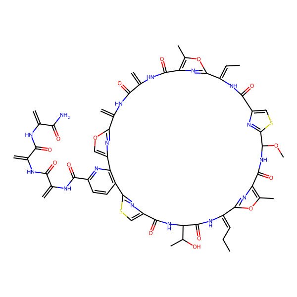 2D Structure of (14S,17Z,24R,31Z)-N-[3-[[3-[(3-amino-3-oxoprop-1-en-2-yl)amino]-3-oxoprop-1-en-2-yl]amino]-3-oxoprop-1-en-2-yl]-31-ethylidene-14-[(1R)-1-hydroxyethyl]-24-methoxy-20,34-dimethyl-38,41-dimethylidene-12,15,22,29,36,39-hexaoxo-17-propylidene-19,33,43-trioxa-9,26-dithia-3,13,16,23,30,37,40,45,46,47,48,49-dodecazaheptacyclo[40.2.1.18,11.118,21.125,28.132,35.02,7]nonatetraconta-1(44),2(7),3,5,8(49),10,18(48),20,25(47),27,32(46),34,42(45)-tridecaene-4-carboxamide