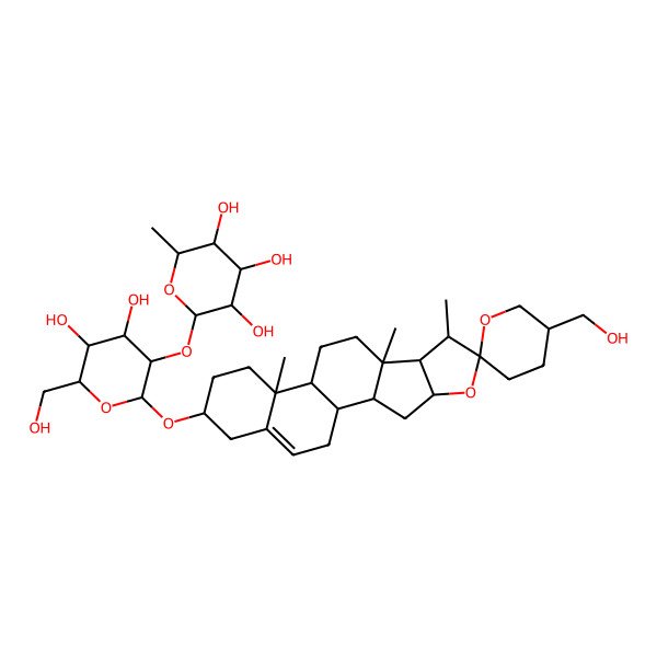 2D Structure of (2S,3R,4R,5R,6S)-2-[(2R,3R,4S,5S,6R)-4,5-dihydroxy-6-(hydroxymethyl)-2-[(1S,2S,4S,5'S,6R,7S,8R,9S,12R,13R,16S)-5'-(hydroxymethyl)-7,9,13-trimethylspiro[5-oxapentacyclo[10.8.0.02,9.04,8.013,18]icos-18-ene-6,2'-oxane]-16-yl]oxyoxan-3-yl]oxy-6-methyloxane-3,4,5-triol