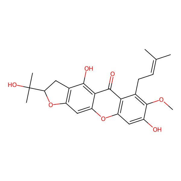 2D Structure of 4,8-Dihydroxy-2-(1-hydroxy-1-methyl-ethyl)-7-methoxy-6-(3-methylbut-2-enyl)-2,3-dihydrofuro[3,2-b]xanthen-5-one