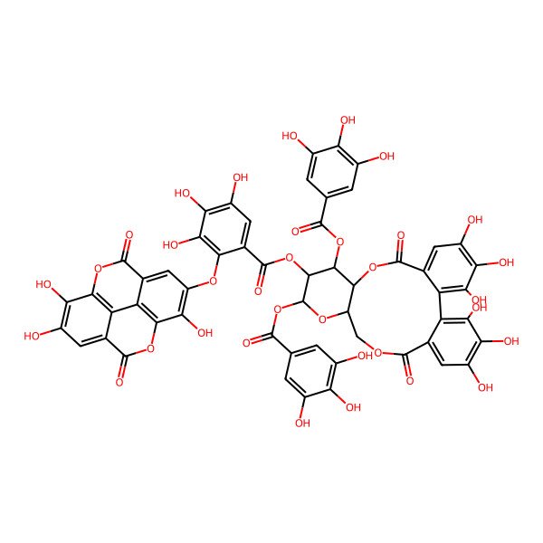 2D Structure of [(10R,11S,12R,13S,15R)-3,4,5,21,22,23-hexahydroxy-8,18-dioxo-11,13-bis[(3,4,5-trihydroxybenzoyl)oxy]-9,14,17-trioxatetracyclo[17.4.0.02,7.010,15]tricosa-1(23),2,4,6,19,21-hexaen-12-yl] 3,4,5-trihydroxy-2-[(7,13,14-trihydroxy-3,10-dioxo-2,9-dioxatetracyclo[6.6.2.04,16.011,15]hexadeca-1(15),4,6,8(16),11,13-hexaen-6-yl)oxy]benzoate
