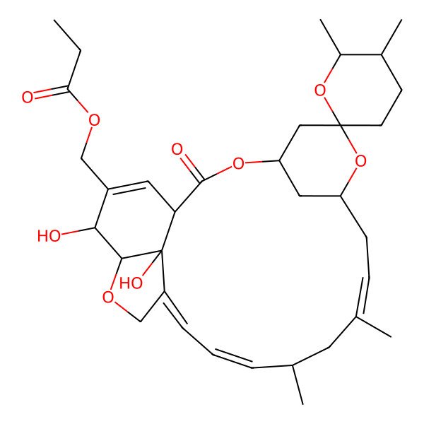 2D Structure of (21,24-Dihydroxy-5',6',11,13-tetramethyl-2-oxospiro[3,7,19-trioxatetracyclo[15.6.1.14,8.020,24]pentacosa-10,14,16,22-tetraene-6,2'-oxane]-22-yl)methyl propanoate