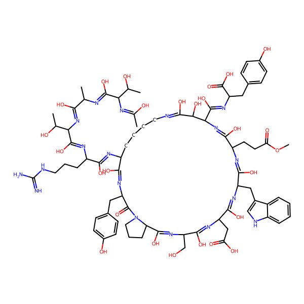 2D Structure of (2S)-2-[[[(3S,6S,13S,14S,17R,20R,23S,26S,29S)-6-[[(2S)-5-carbamimidamido-2-[[(2S,3R)-2-[[(2S)-2-[[(2S,3R)-1,3-dihydroxy-2-(1-hydroxyethylideneamino)butylidene]amino]-1-hydroxypropylidene]amino]-1,3-dihydroxybutylidene]amino]-1-hydroxypentylidene]amino]-23-(carboxymethyl)-5,12,13,16,19,22,25,28-octahydroxy-26-(hydroxymethyl)-3-[(4-hydroxyphenyl)methyl]-20-(1H-indol-3-ylmethyl)-17-(3-methoxy-3-oxopropyl)-2-oxo-1,4,11,15,18,21,24,27-octazabicyclo[27.3.0]dotriaconta-4,11,15,18,21,24,27-heptaen-14-yl]-hydroxymethylidene]amino]-3-(4-hydroxyphenyl)propanoic acid