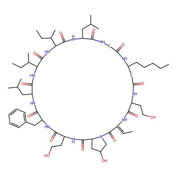 2D Structure of (3E)-28-benzyl-3-ethylidene-36-hydroxy-6,31-bis(2-hydroxyethyl)-16,25-diisobutyl-10-pentyl-19,22-disec-butyl-1,4,7,11,14,17,20,23,26,29,32-undecazabicyclo[32.3.0]heptatriacontane-2,5,8,12,15,18,21,24,27,30,33-undecone