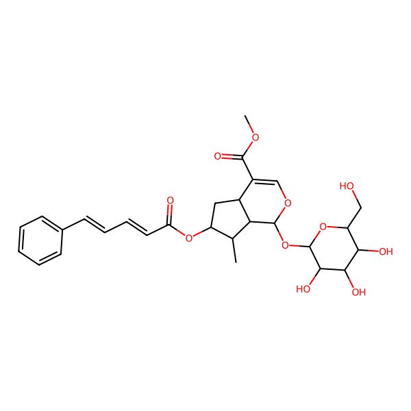 2D Structure of Methyl 7-methyl-6-(5-phenylpenta-2,4-dienoyloxy)-1-[3,4,5-trihydroxy-6-(hydroxymethyl)oxan-2-yl]oxy-1,4a,5,6,7,7a-hexahydrocyclopenta[c]pyran-4-carboxylate