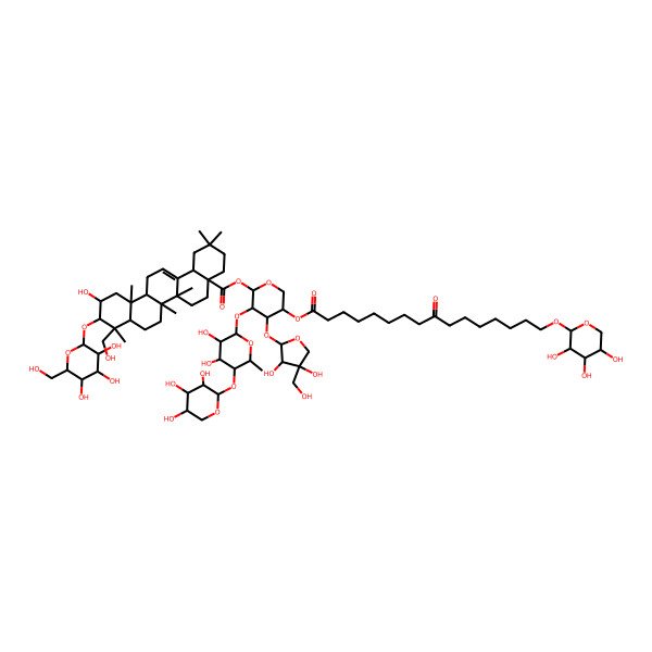2D Structure of [(2S,3R,4S,5S)-4-[(2S,3R,4R)-3,4-dihydroxy-4-(hydroxymethyl)oxolan-2-yl]oxy-3-[(2S,3R,4S,5R,6S)-3,4-dihydroxy-6-methyl-5-[(2R,3R,4S,5R)-3,4,5-trihydroxyoxan-2-yl]oxyoxan-2-yl]oxy-5-[9-oxo-16-[(2R,3R,4S,5R)-3,4,5-trihydroxyoxan-2-yl]oxyhexadecanoyl]oxyoxan-2-yl] (4aS,6aR,6aS,6bR,8aR,9R,10R,11S,12aR,14bS)-11-hydroxy-9-(hydroxymethyl)-2,2,6a,6b,9,12a-hexamethyl-10-[(2R,3R,4S,5S,6R)-3,4,5-trihydroxy-6-(hydroxymethyl)oxan-2-yl]oxy-1,3,4,5,6,6a,7,8,8a,10,11,12,13,14b-tetradecahydropicene-4a-carboxylate