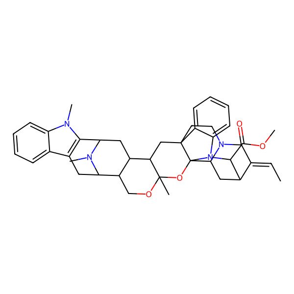 2D Structure of methyl (1R,3S,4S,6S,17S,18S,21R,23R,24S,27E,28S,29R)-27-ethylidene-8,21,40-trimethyl-20,22-dioxa-8,25,30,40-tetrazaundecacyclo[23.11.2.16,17.124,28.01,23.03,21.04,18.07,15.09,14.023,30.031,36]tetraconta-7(15),9,11,13,31,33,35-heptaene-29-carboxylate