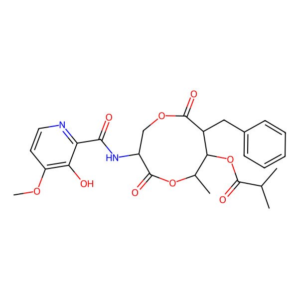 2D Structure of [(3S,6S,7R,8R)-8-benzyl-3-[(3-hydroxy-4-methoxypyridine-2-carbonyl)amino]-6-methyl-4,9-dioxo-1,5-dioxonan-7-yl] 2-methylpropanoate
