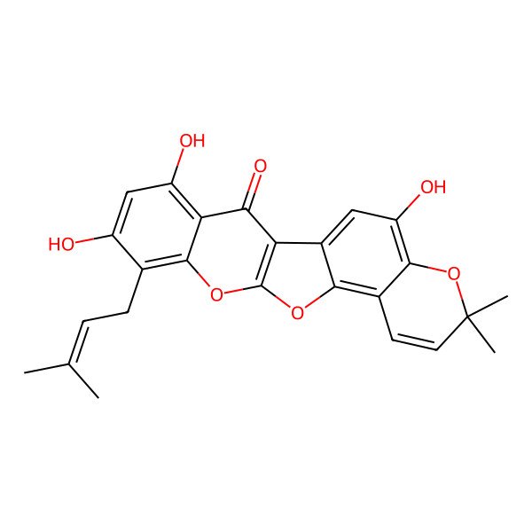 2D Structure of 5,7,20-Trihydroxy-17,17-dimethyl-8-(3-methylbut-2-enyl)-10,12,18-trioxapentacyclo[11.8.0.02,11.04,9.014,19]henicosa-1(21),2(11),4,6,8,13,15,19-octaen-3-one