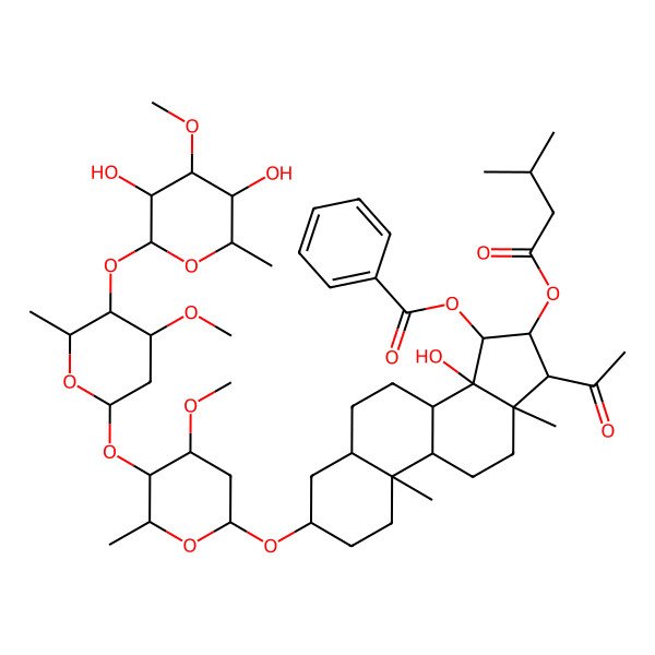 2D Structure of [(3S,8R,10S,13R,14S,15R,16S,17R)-17-acetyl-3-[(2R,4R,5R)-5-[(2S,4R,5R)-5-[(2S,4S,5R)-3,5-dihydroxy-4-methoxy-6-methyloxan-2-yl]oxy-4-methoxy-6-methyloxan-2-yl]oxy-4-methoxy-6-methyloxan-2-yl]oxy-14-hydroxy-10,13-dimethyl-16-(3-methylbutanoyloxy)-1,2,3,4,5,6,7,8,9,11,12,15,16,17-tetradecahydrocyclopenta[a]phenanthren-15-yl] benzoate