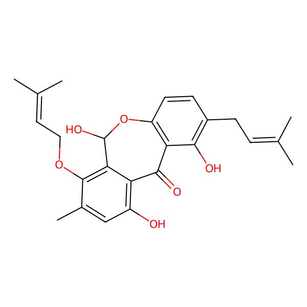 2D Structure of (6S)-1,6,10-trihydroxy-8-methyl-7-(3-methylbut-2-enoxy)-2-(3-methylbut-2-enyl)-6H-benzo[c][1]benzoxepin-11-one