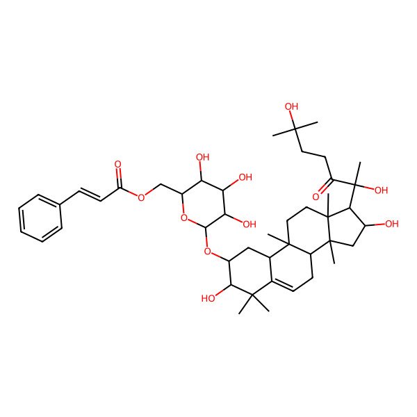 2D Structure of [6-[[17-(2,6-dihydroxy-6-methyl-3-oxoheptan-2-yl)-3,16-dihydroxy-4,4,9,13,14-pentamethyl-2,3,7,8,10,11,12,15,16,17-decahydro-1H-cyclopenta[a]phenanthren-2-yl]oxy]-3,4,5-trihydroxyoxan-2-yl]methyl 3-phenylprop-2-enoate