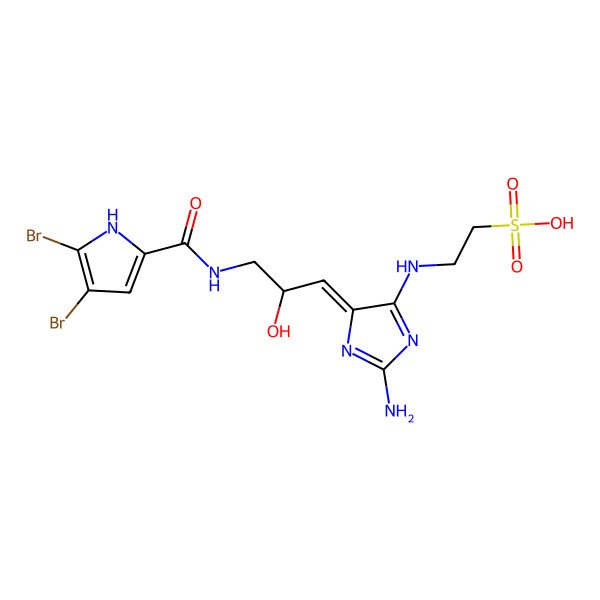 2D Structure of 2-[[(5Z)-2-amino-5-[3-[(4,5-dibromo-1H-pyrrole-2-carbonyl)amino]-2-hydroxypropylidene]imidazol-4-yl]amino]ethanesulfonic acid