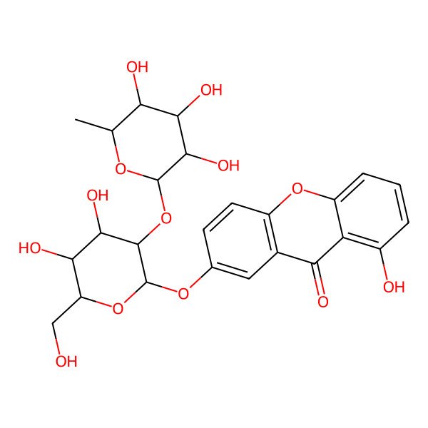 2D Structure of 7-[4,5-Dihydroxy-6-(hydroxymethyl)-3-(3,4,5-trihydroxy-6-methyloxan-2-yl)oxyoxan-2-yl]oxy-1-hydroxyxanthen-9-one